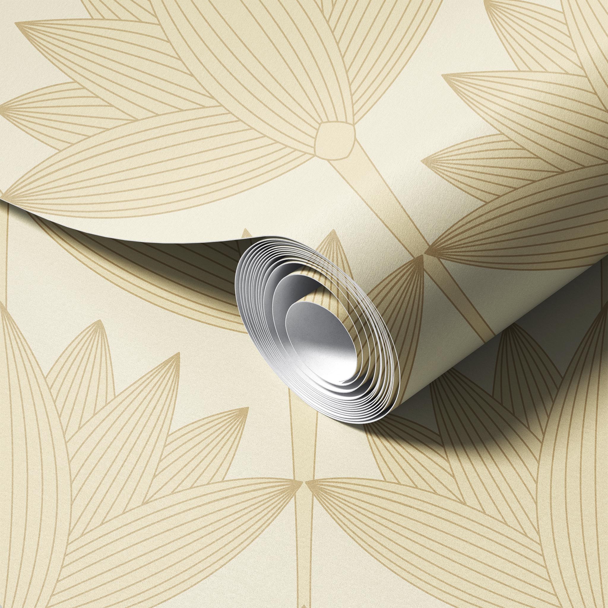 Lotus Art Deco Cream peel and stick wallpaper room mockup